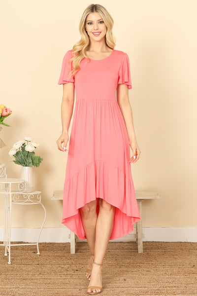 BUTTERFLY SLEEVE ASSYMETRICAL PLEATED HEM SOLID DRESS 2-2-2-2