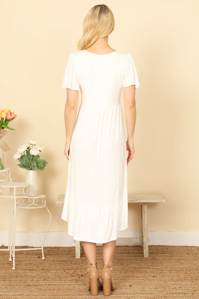 BUTTERFLY SLEEVE ASSYMETRICAL PLEATED HEM SOLID DRESS 2-2-2-2