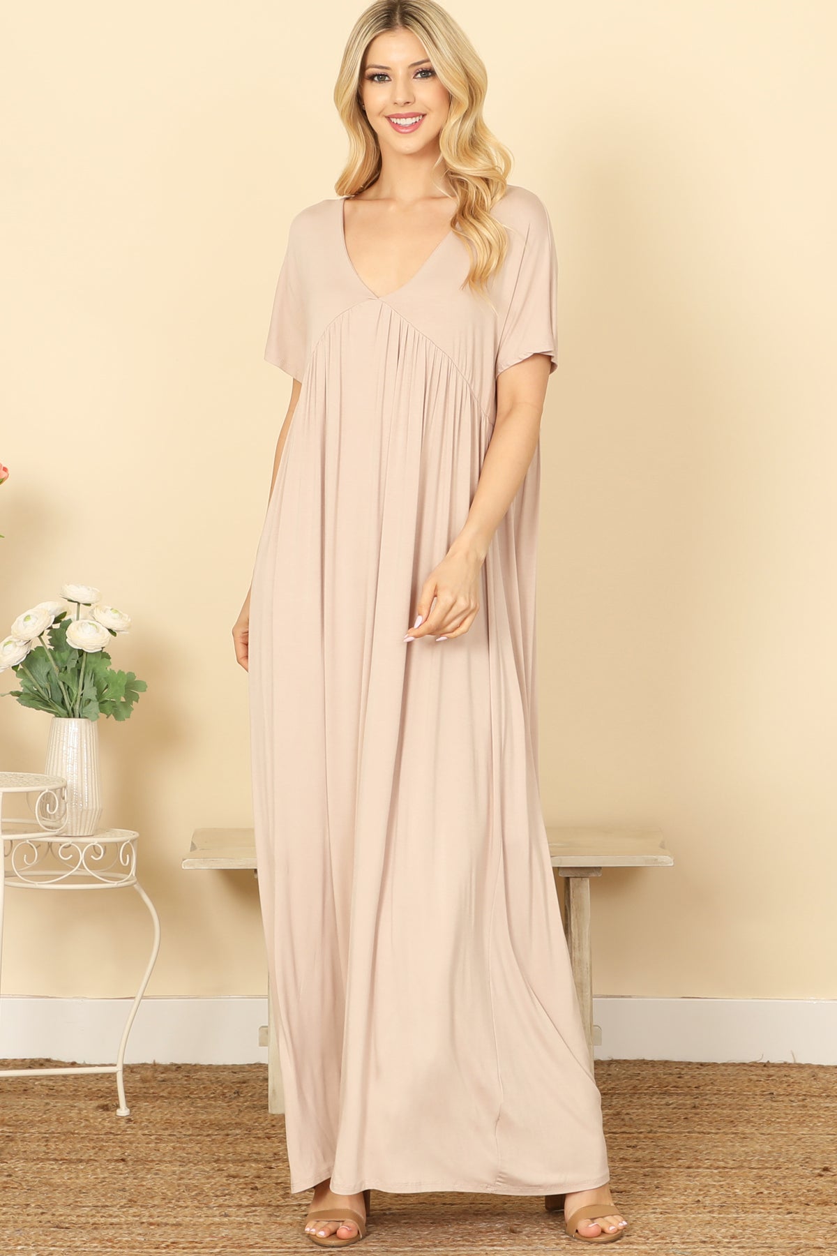 V-NECK SHORT SLEEVE PLEATED DETAIL SOLID MAXI DRESS 2-2-2-2