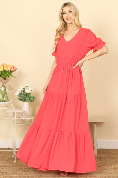 V-NECK RUFFLE PUFF SLEEVE TIERED SOLID MAXI DRESS 2-2-2-2