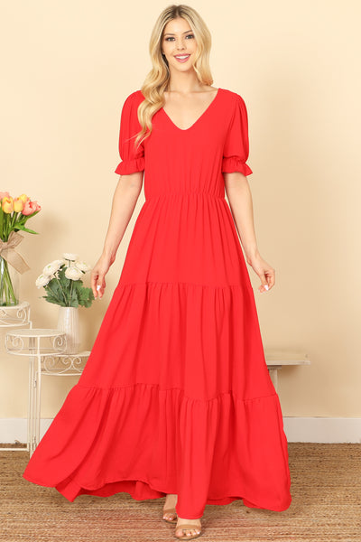 V-NECK RUFFLE PUFF SLEEVE TIERED SOLID MAXI DRESS 2-2-2-2