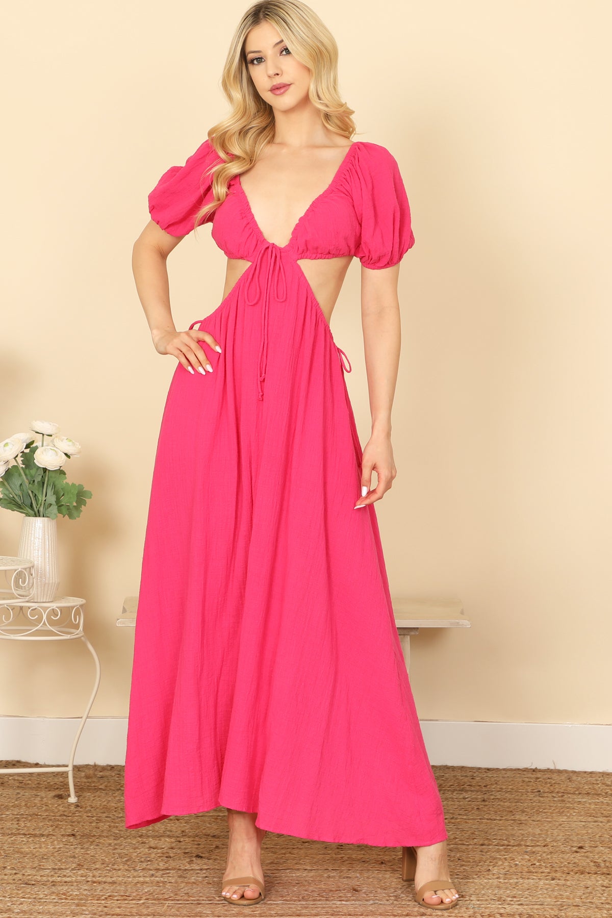 SIDE CUT-OUT DETAIL PUFF SLEEVE SOLID MAXI DRESS 2-2-1