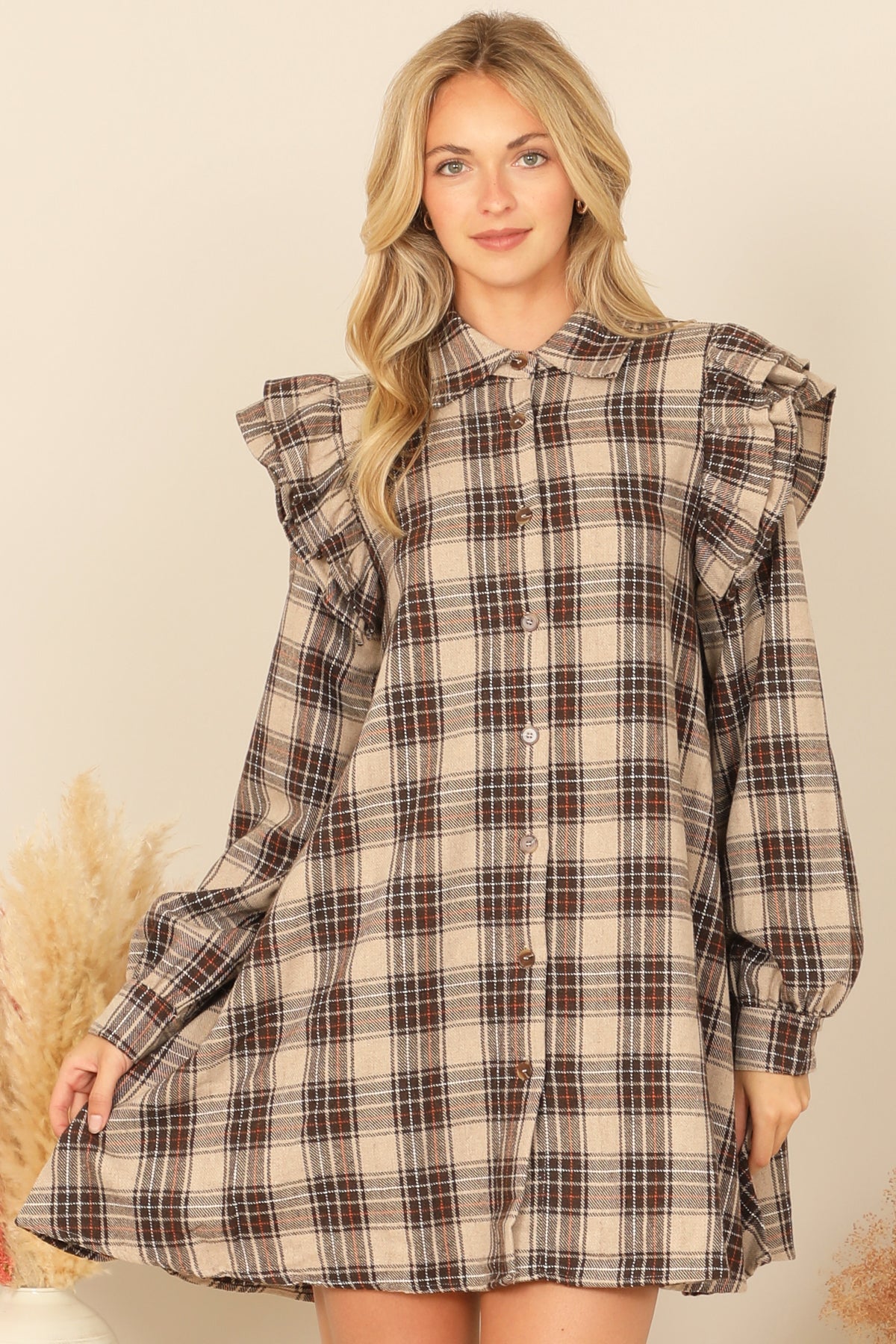 BROWN MIX LONG SLEEVE RUFFLE DETAIL PLAID DRESS 2-2-2 MYS Wholesale BROWN MIX LONG SLEEVE RUFFLE DETAIL PLAID DRESS 2-2-2 MYS Wholesale