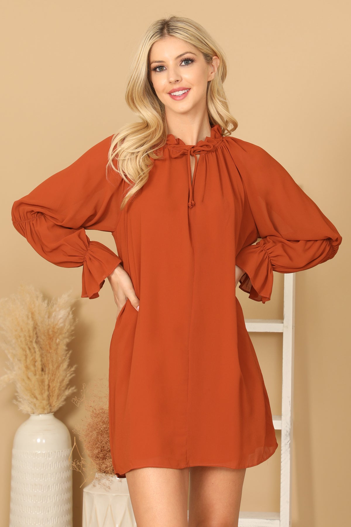 rust long sleeve mini dress RUST RUFFLE NECK KEYHOLE TIE LONG SLEEVE MINI DRESS 2-2-1 – MYS Wholesale