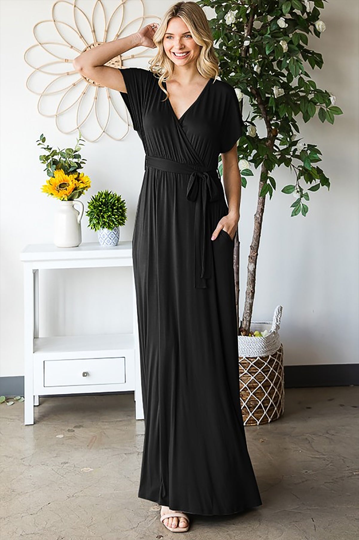 SHORT SLEEVE V NECK SOLID MAXI WRAP DRESS WITH SELF TIE DETAIL- BLACK 2-2-2