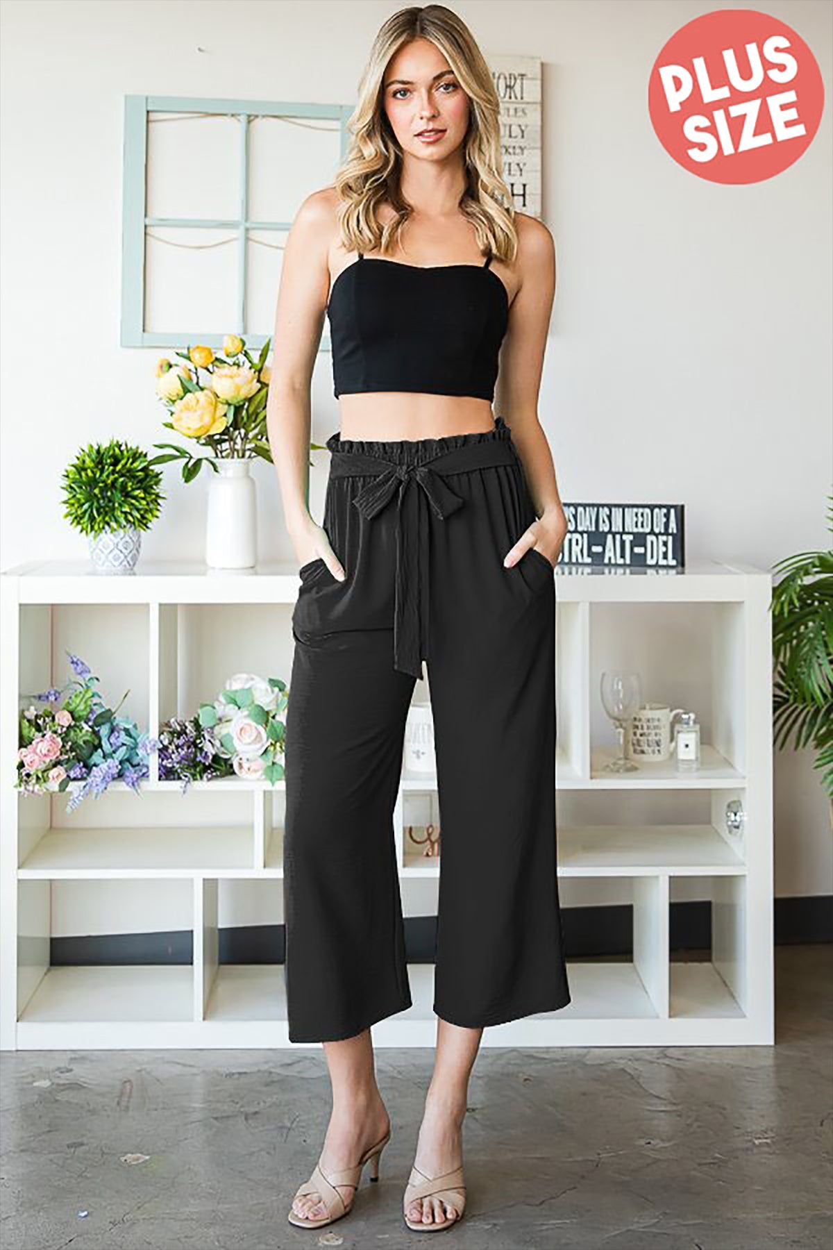 PLUS SIZE PAPERBAG WAISTBAND SOLID WOVEN CULOTTES PANTS 2-2-2