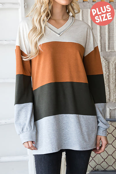 PLUS SIZE LONG PUFF SLEEVE V-NECK COLOR BLOCK TOP- MULTI 2-2-2
