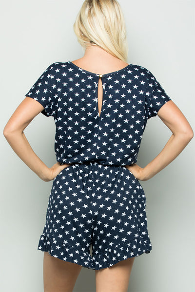 STAR PRINT ROMPER WITH KEYHOLE AND BUTTON BACK DETAIL- NAVY 2-2-2