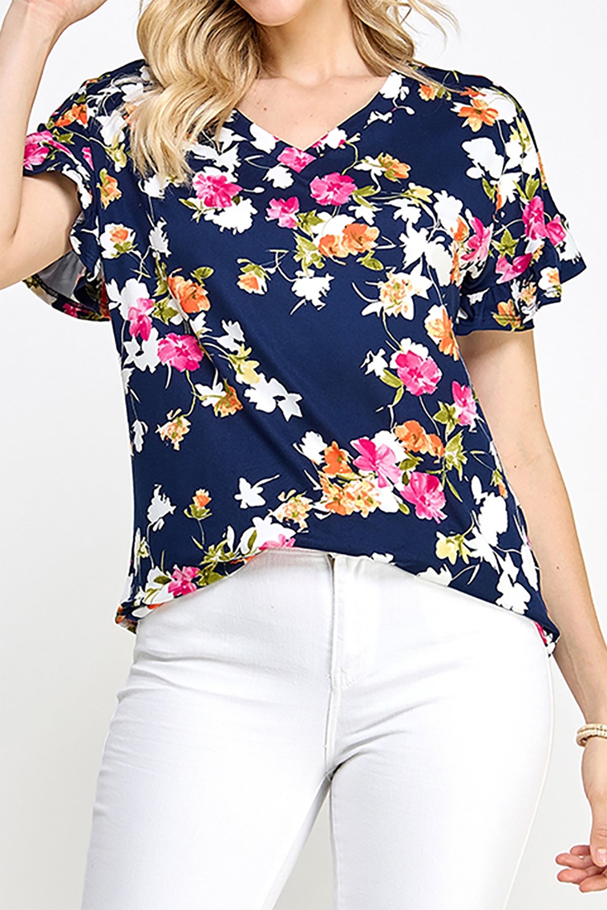 RELAX FIT RUFFLE SLEEVE V NECK FLORAL KNIT TOP 2-2-2-2