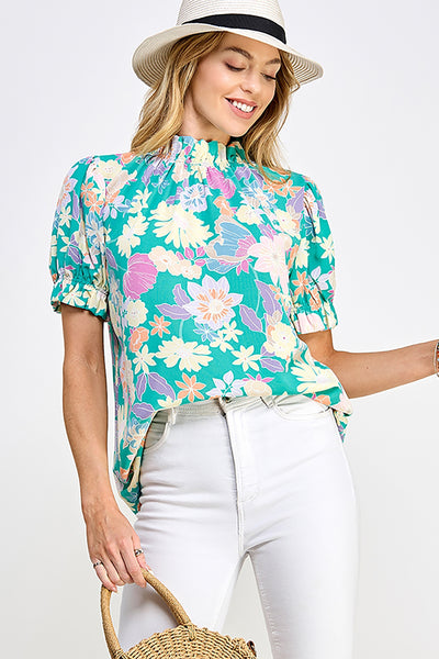 RUFFLED MOCK NECK PUFF SLEEVE FLORAL BLOUSE- 2-2-2-2