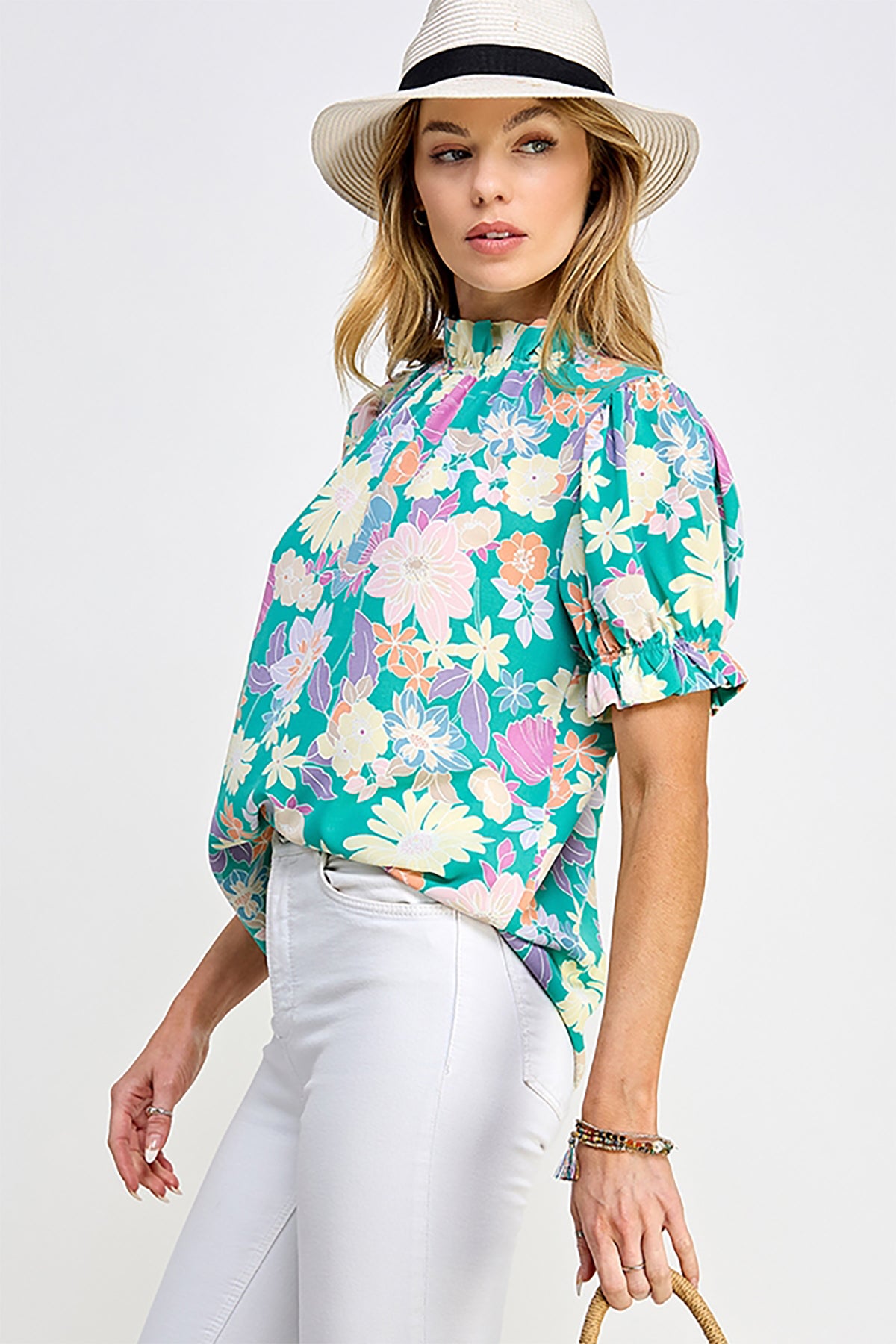 RUFFLED MOCK NECK PUFF SLEEVE FLORAL BLOUSE- 2-2-2-2
