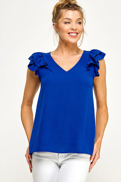 V NECK RUFFLED SLEEVE WOVEN SOLID TOP 2-2-2-2