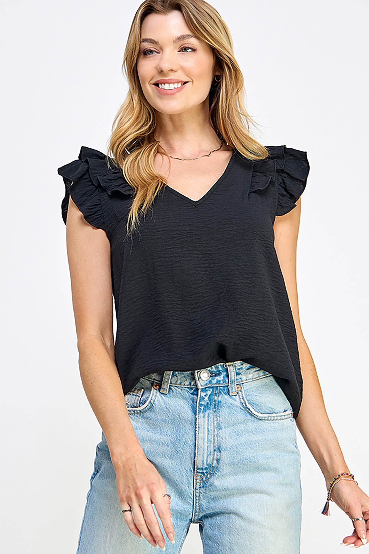 V NECK RUFFLED SLEEVE WOVEN SOLID TOP 2-2-2-2