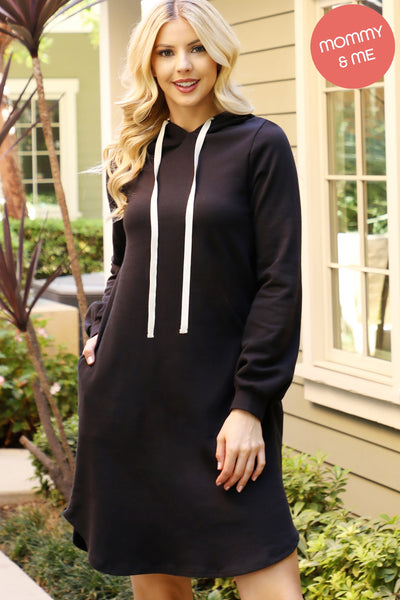 SOLID LONG SLEEVE HOODIE DRESS WITH DRAWSTRING 1-2-2-1