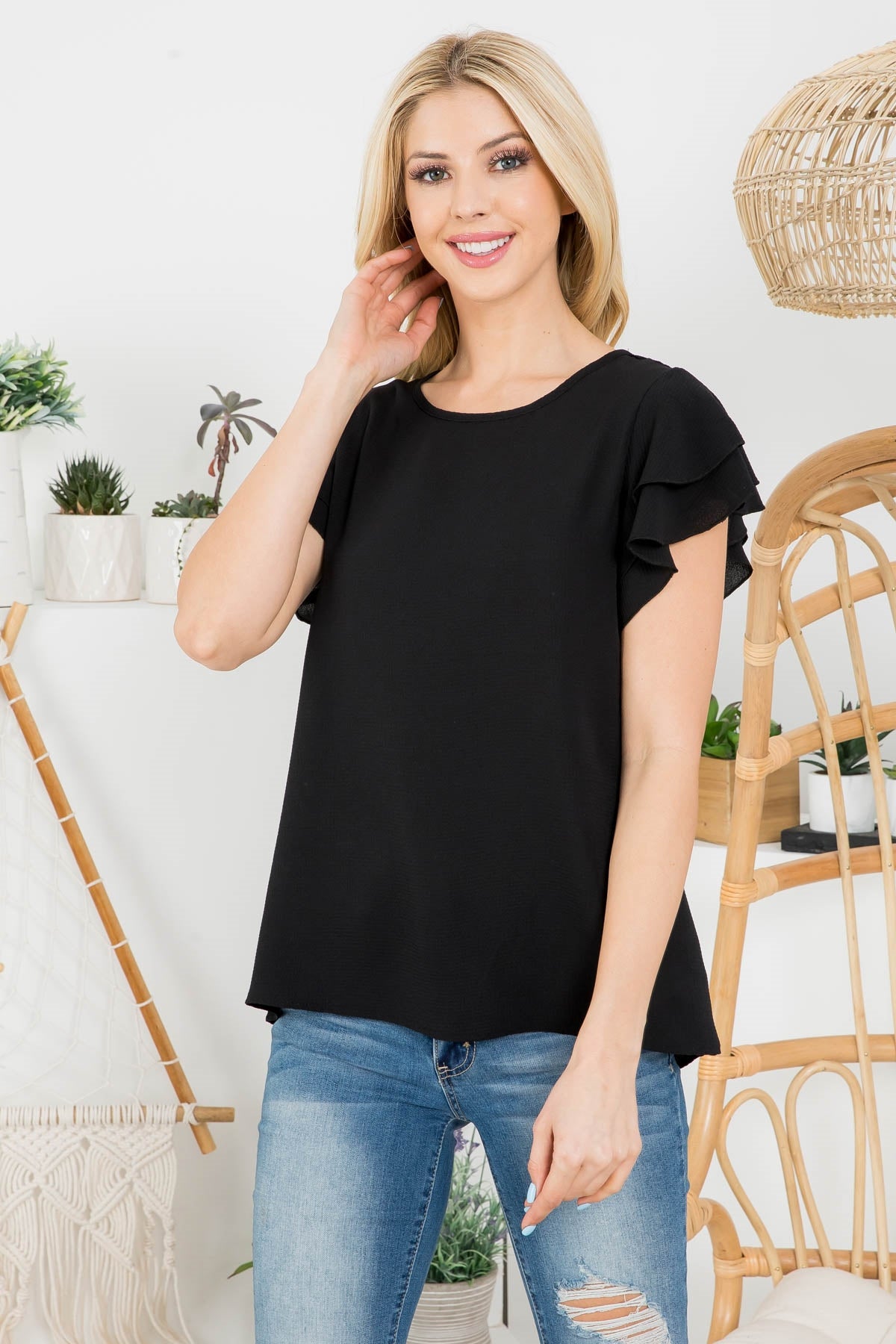 LAYERED RUFFLE SLEEVE ROUND NECK WOVEN TOP 3-2-1