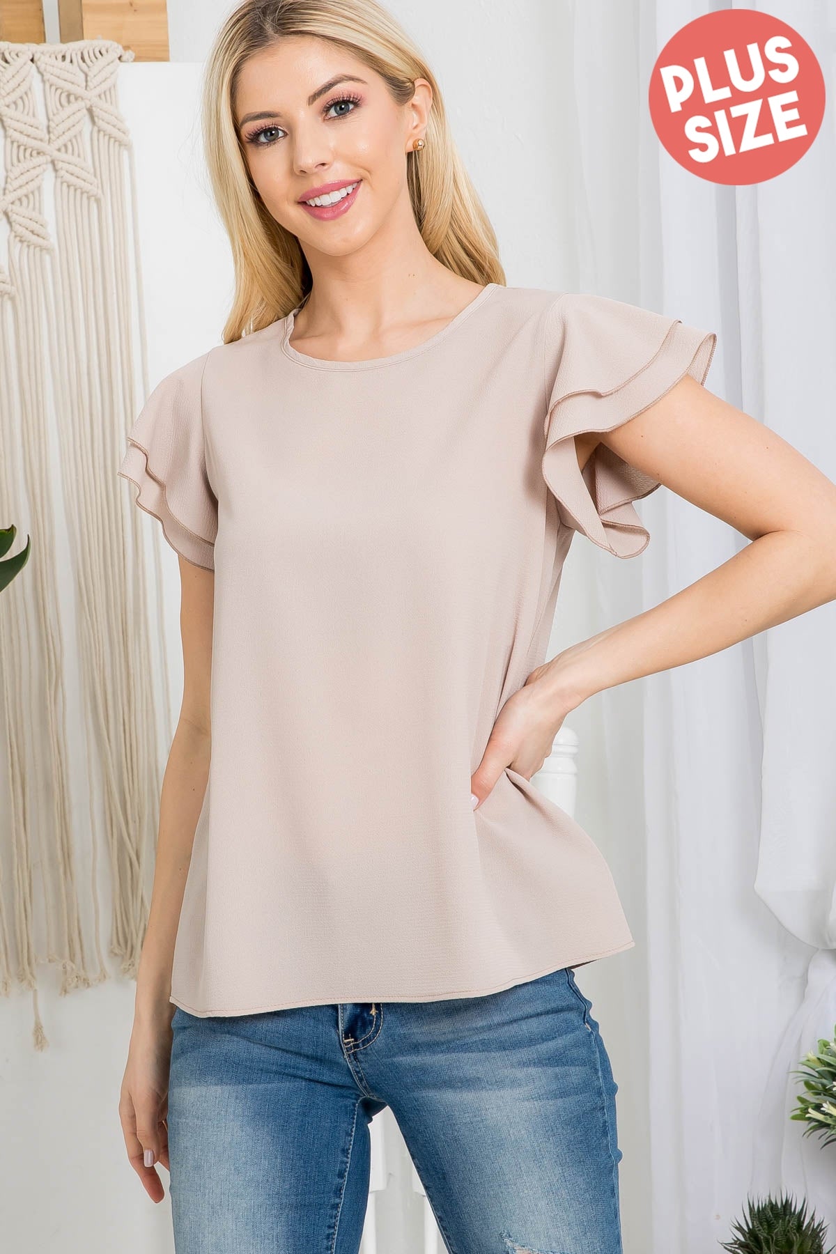 LAYERED RUFFLE SLEEVE ROUND NECK WOVEN TOP 3-2-1