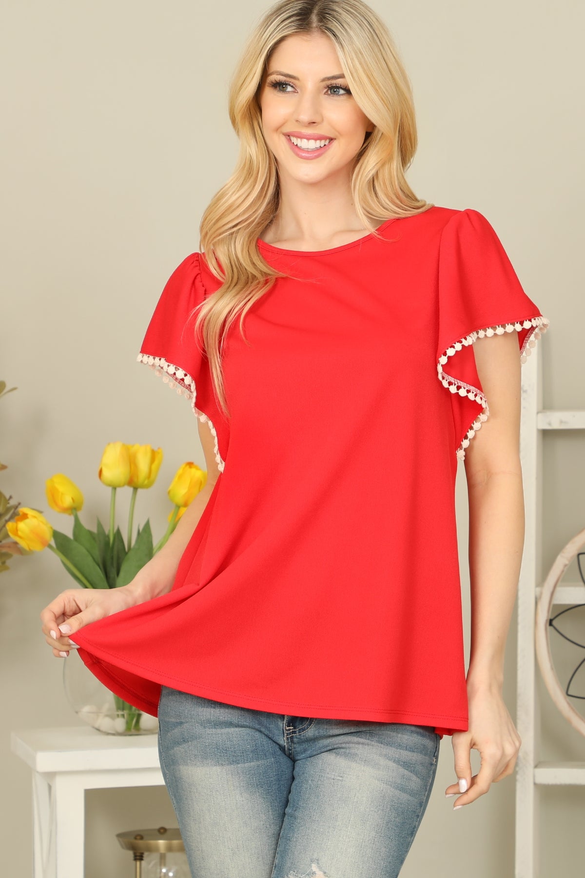 POMPOM DETAIL BUTTERFLY SLEEVE TOP 1-2-2-2