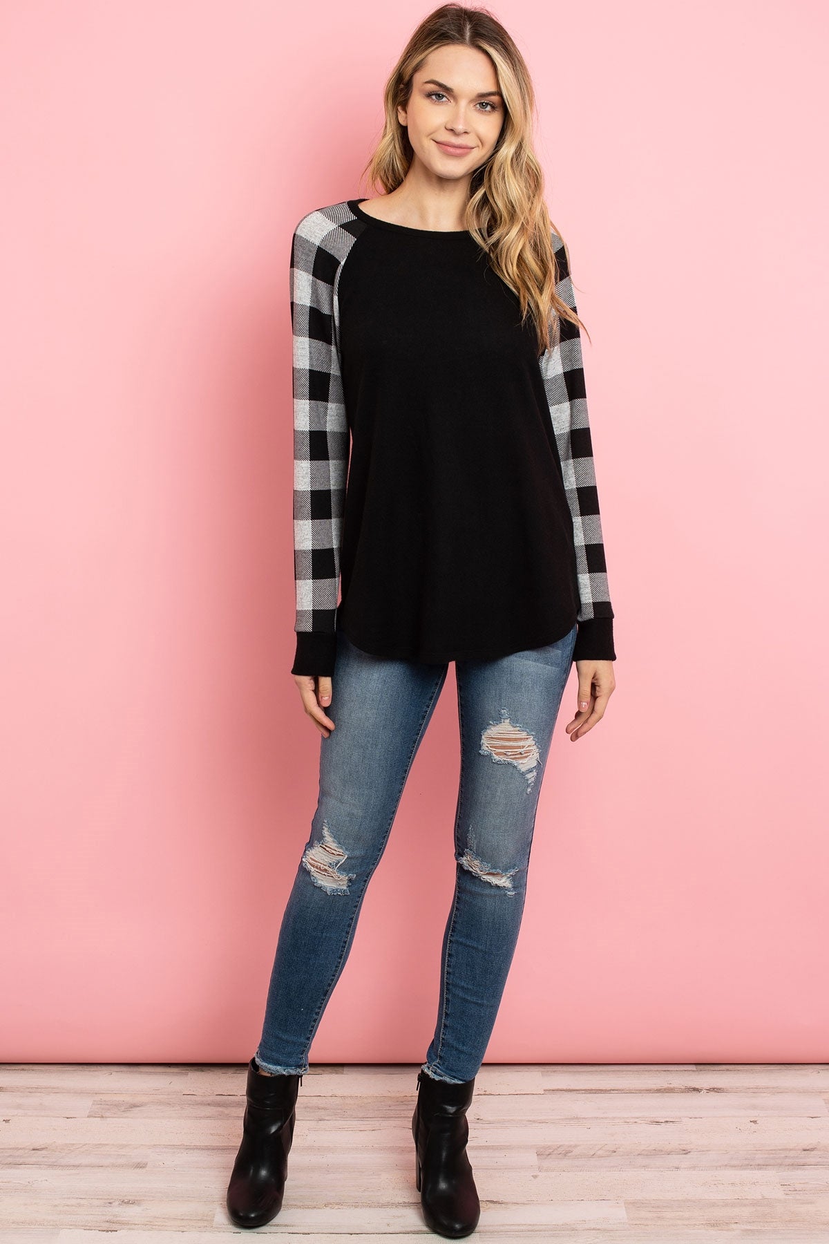 PLAID LONG SLEEVE SOLID BRUSHED HACCI TOP 1-2-2-2