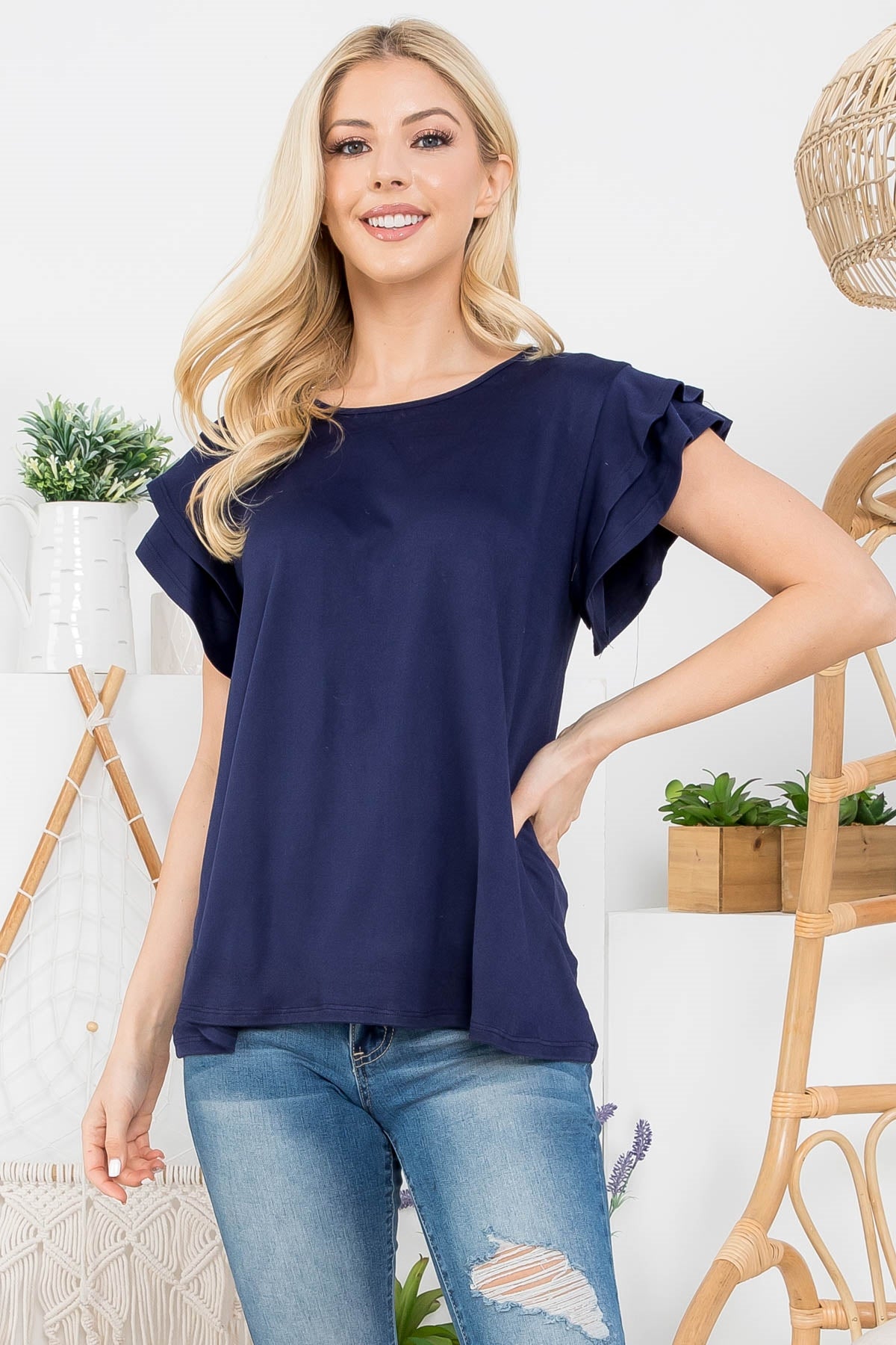 BOAT NECK RUFFLE CAP SLEEVE SOLID TOP 1-2-2-2