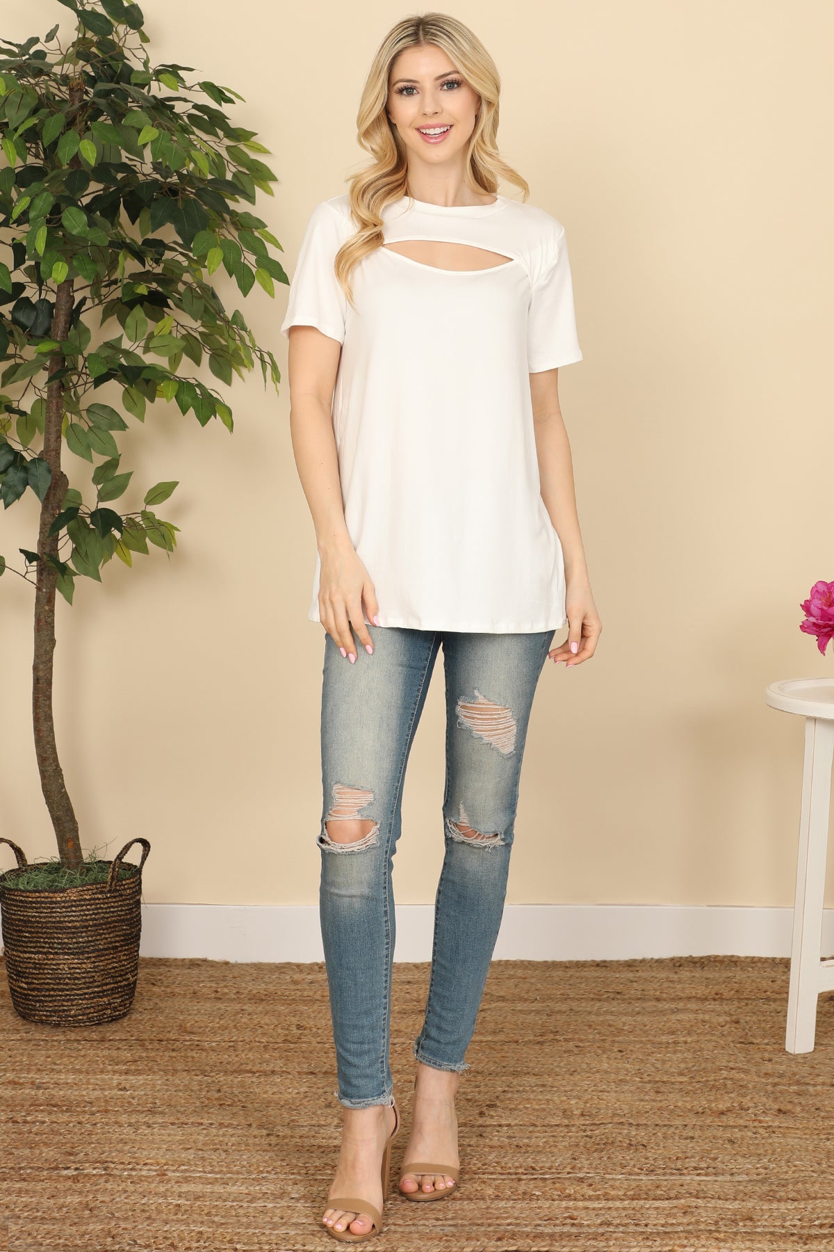 CUTOUT OPEN FRONT SHORT SLEEVE SOLID TOP 1-2-2-2