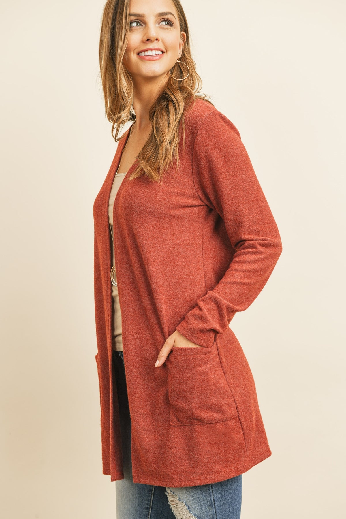 SOLID LONG SLEEVED OPEN FRONT POCKET CARDIGAN 1-2-2-2