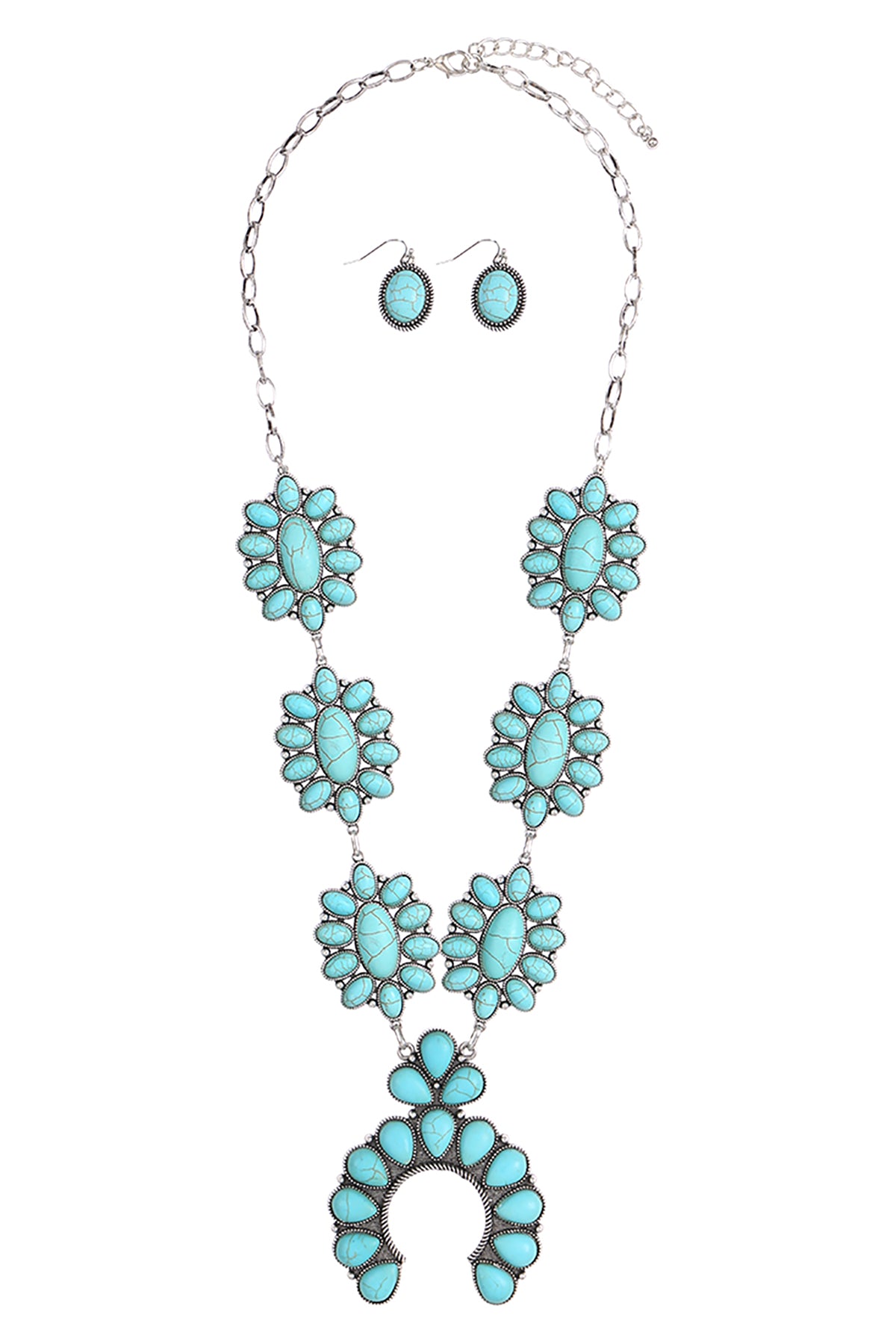FLOWER NATURAL STONE WESTERN CONCHO STATEMENT NECKLACE AND EARRING SET