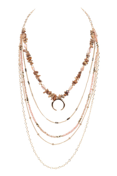 LAYERED CHAIN, NATURAL STONE CHIP MIX BEADS CRESCENT PENDANT NECKLACE