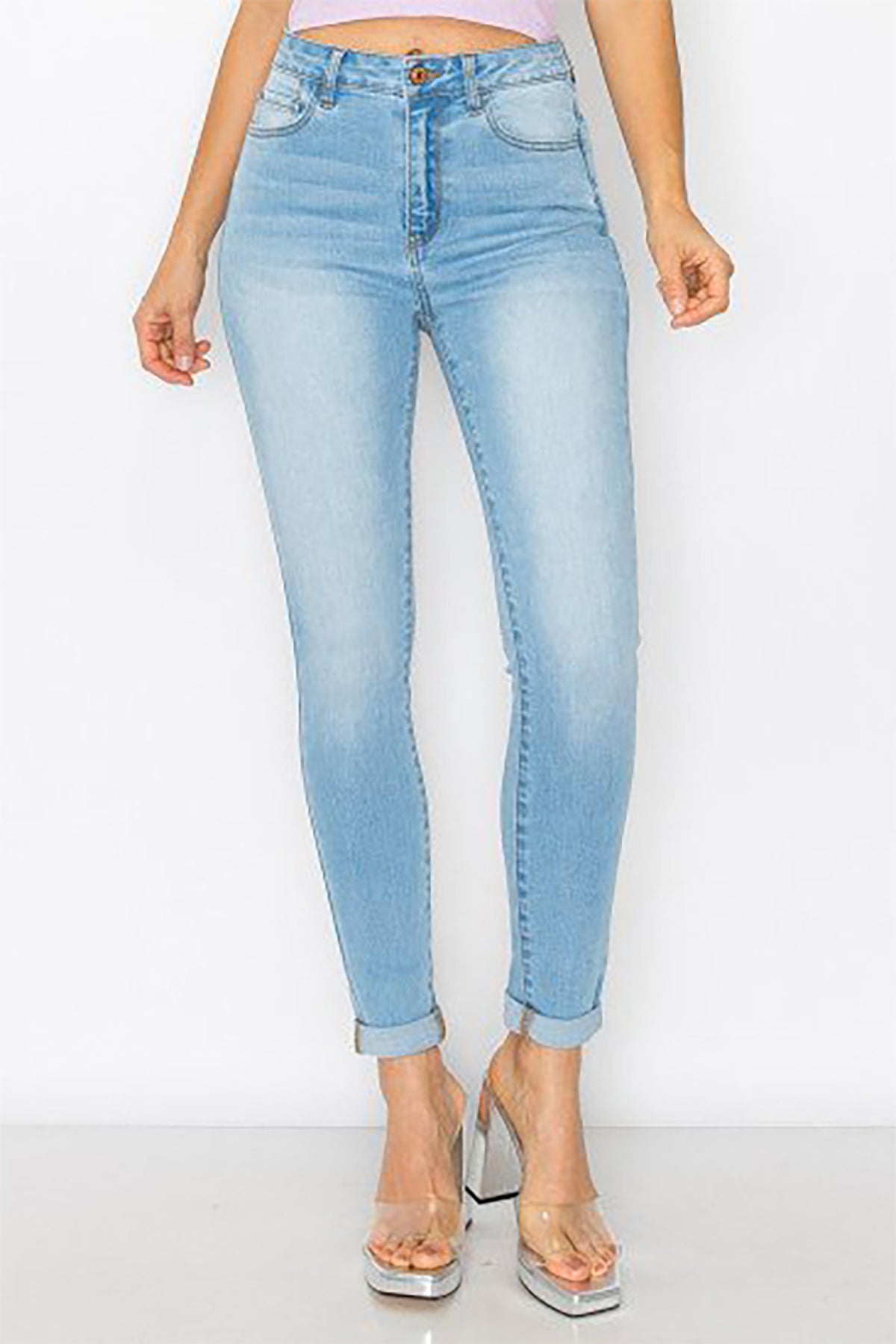 RAYON HIGH RISE SKINNY DENIM PANTS WITH ROLLED CUFF 1-1-2-2-3-2-2-2