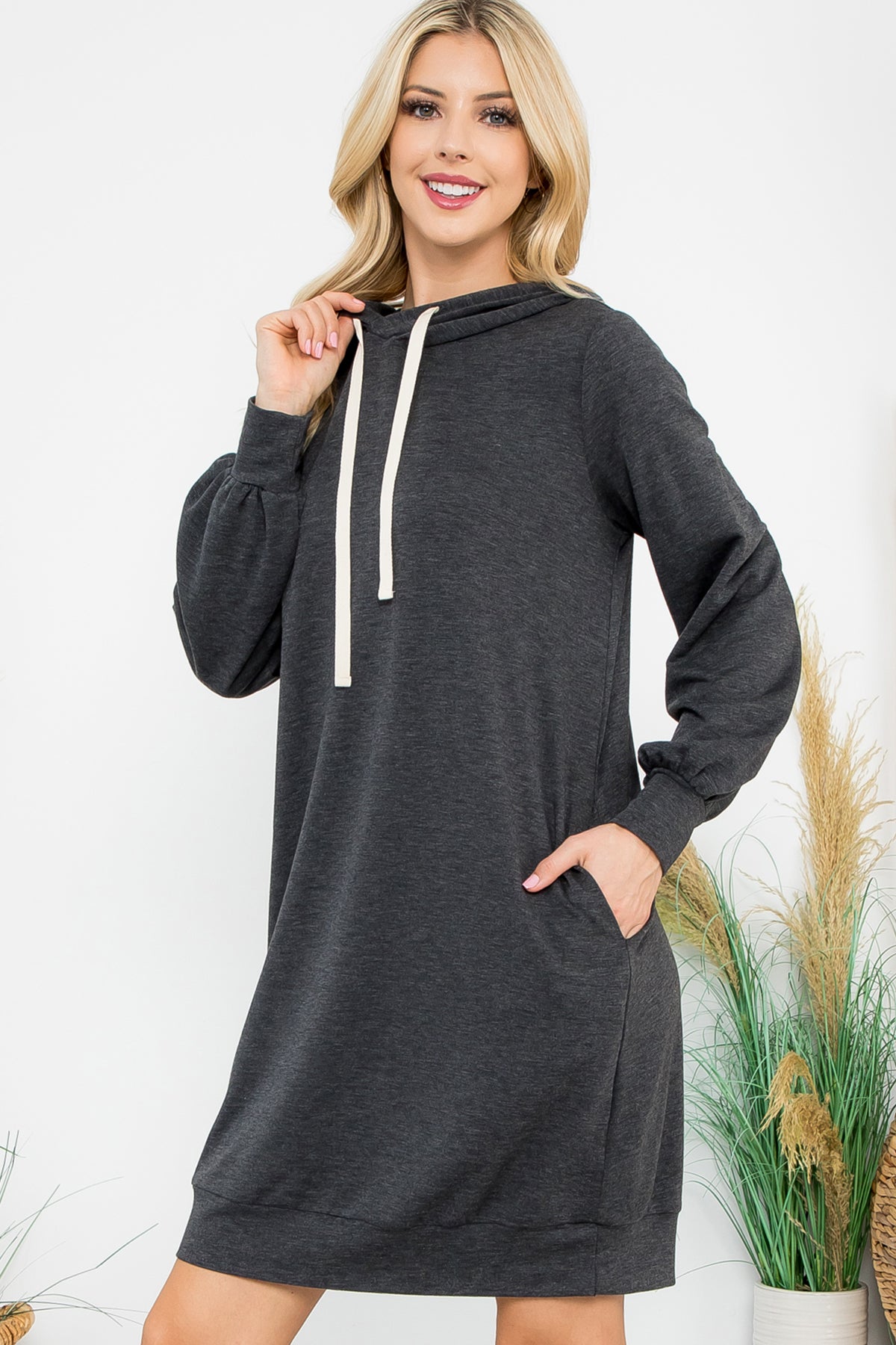FRENCH TERRY LONG PUFF SLEEVE HOODIE DRESS 1-1-1-1