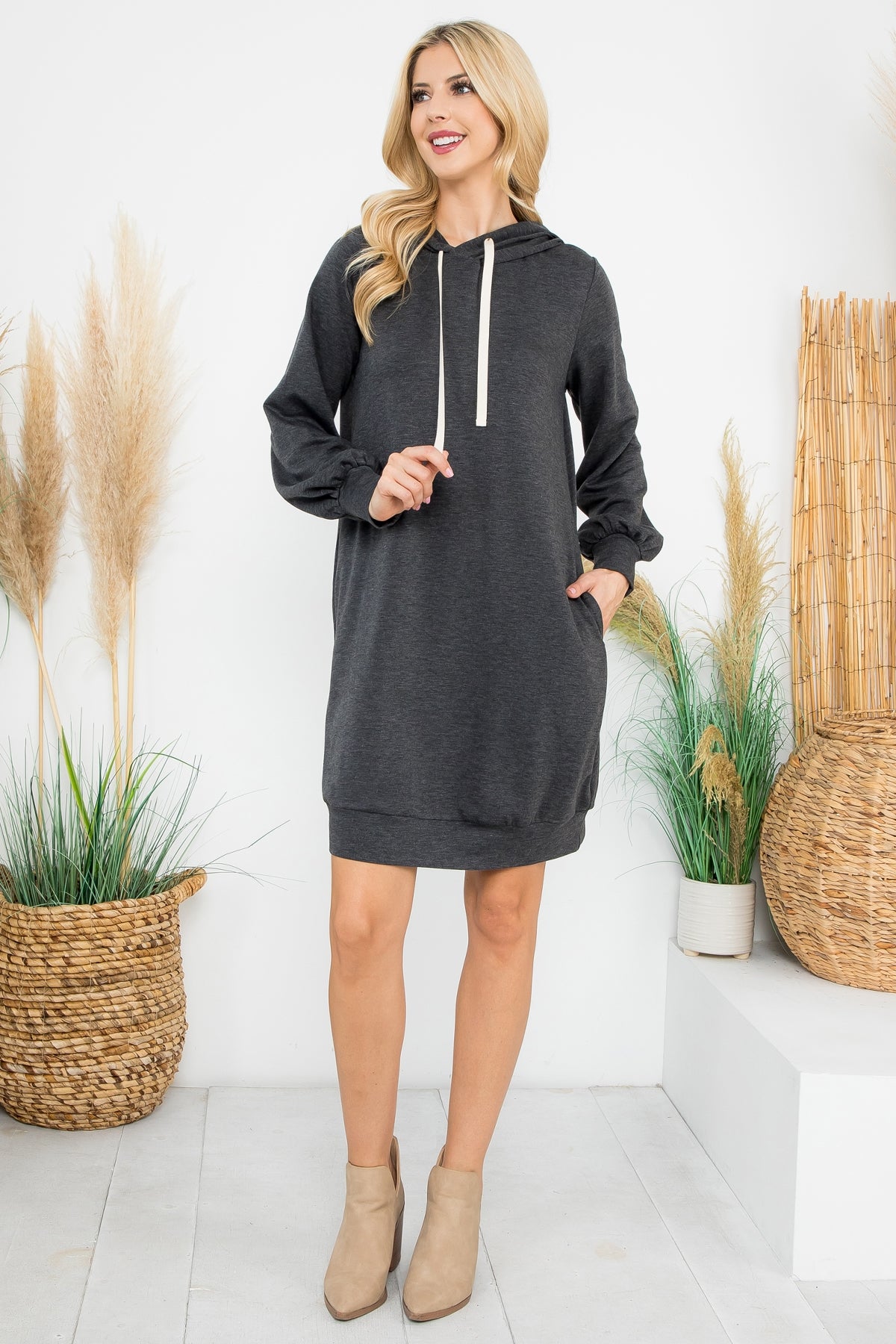 PLUS SIZE FRENCH TERRY LONG PUFF SLEEVE HOODIE DRESS 3-2-1