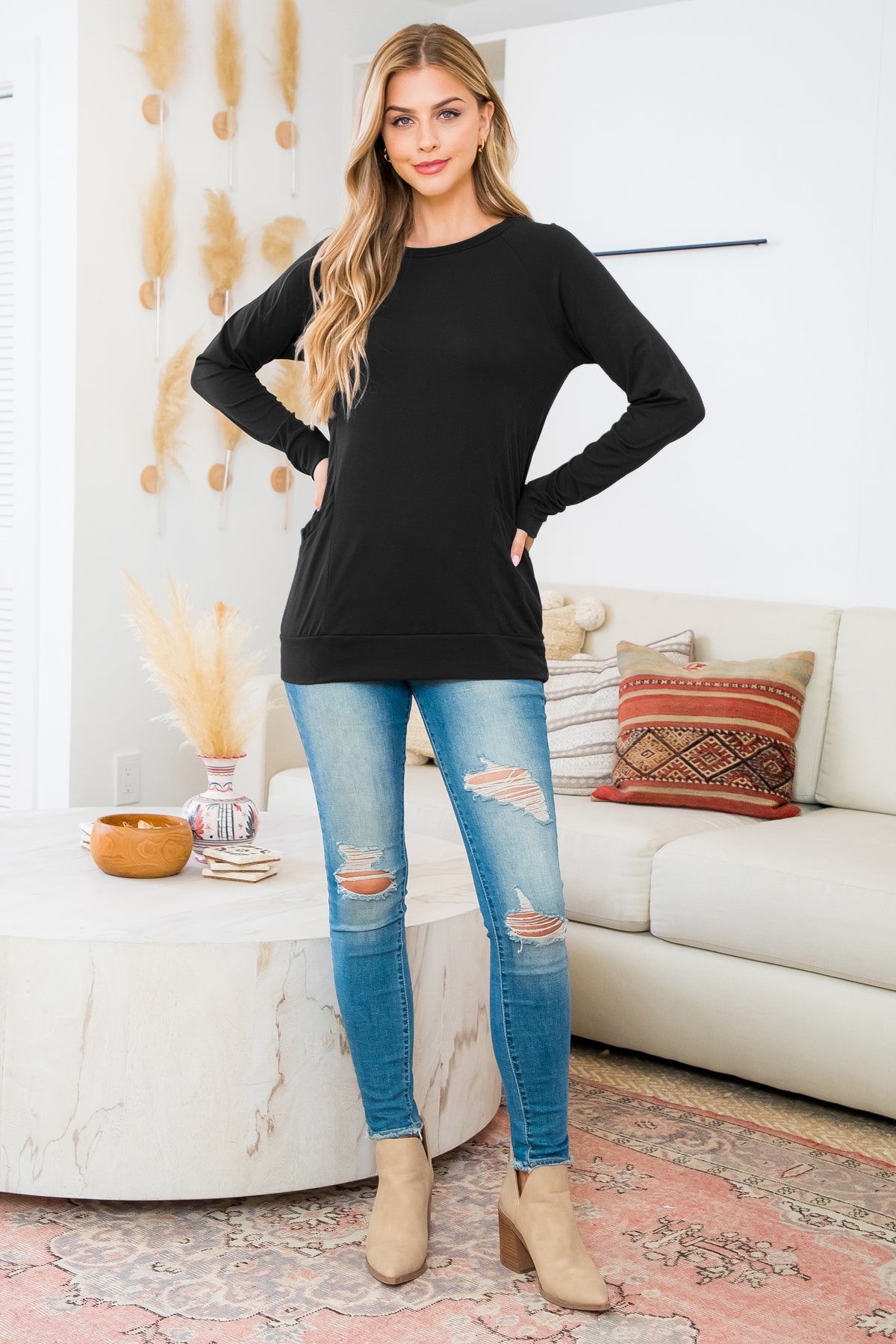 PLUS SIZE SOLID LONG SLEEVE FRONT POCKET TOP 3-2-1