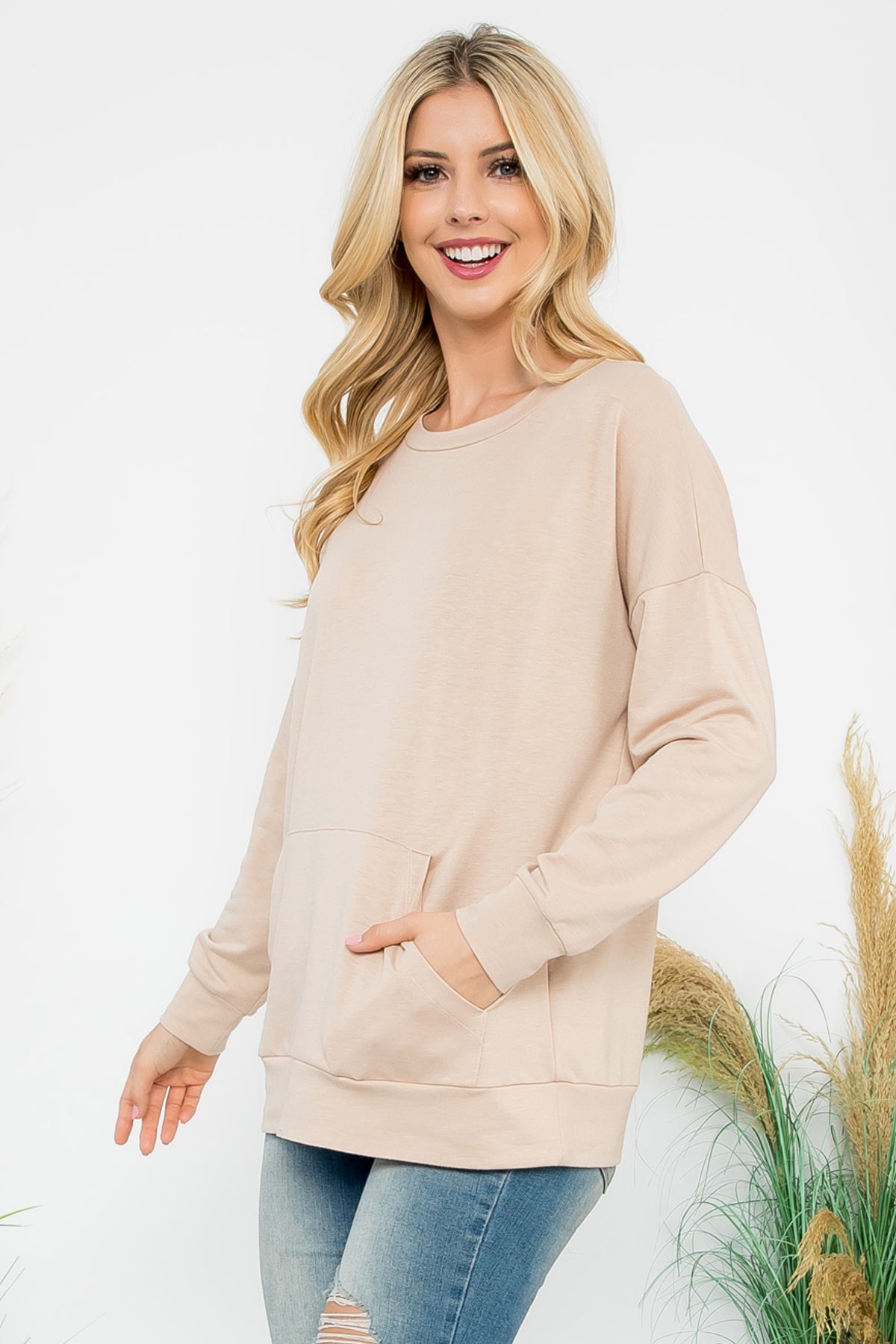 LONG SLEEVE FRENCH TERRY TOP WITH KANGAROO POCKET TOP 1-1-1-1