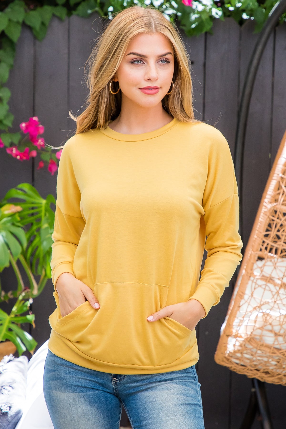 PLUS SIZE LONG SLEEVE FRENCH TERRY TOP WITH KANGAROO POCKET TOP 3-2-1