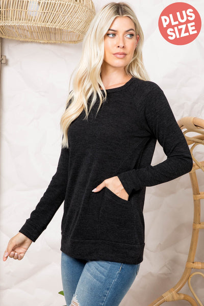 PLUS SIZE KNIT FRONT POCKET LONG SLEEVED TOP 3-2-1