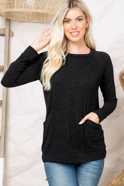 PLUS SIZE KNIT FRONT POCKET LONG SLEEVED TOP 3-2-1