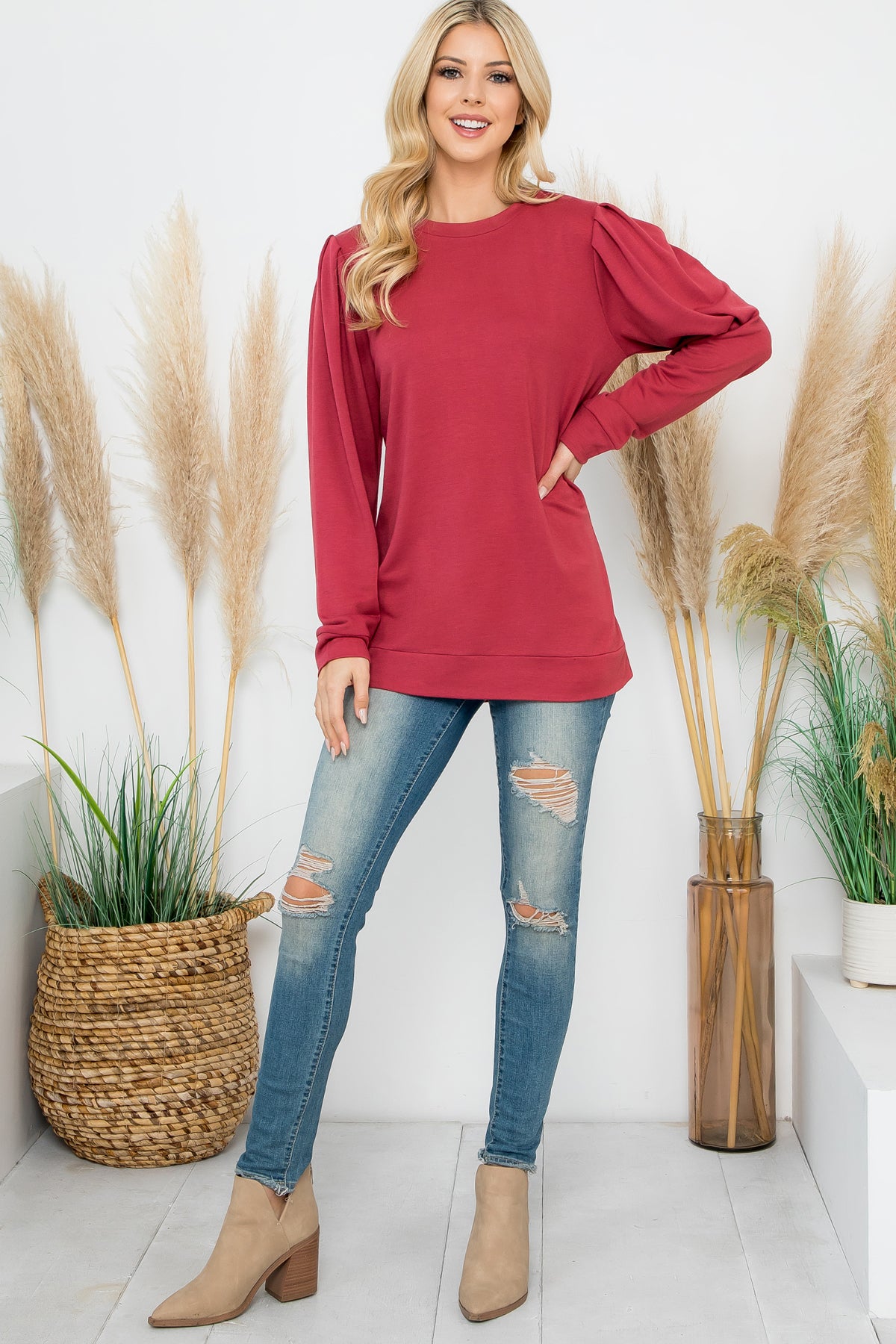 FRENCH TERRY PLEATED SLEEVE TOP 1-1-1-1