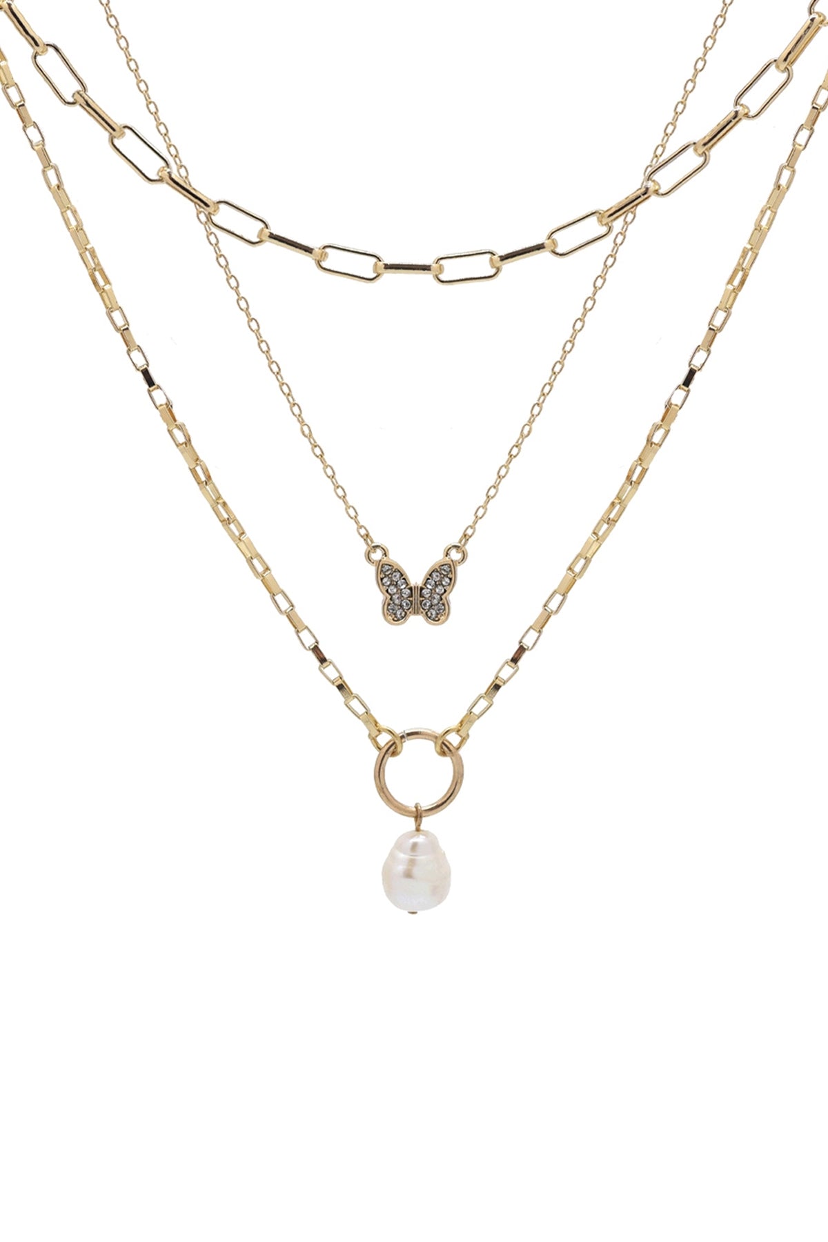 FRESH WATER PEARL W/ BUTTERFLY LAYERED 3 SET CHAIN NECKLACE