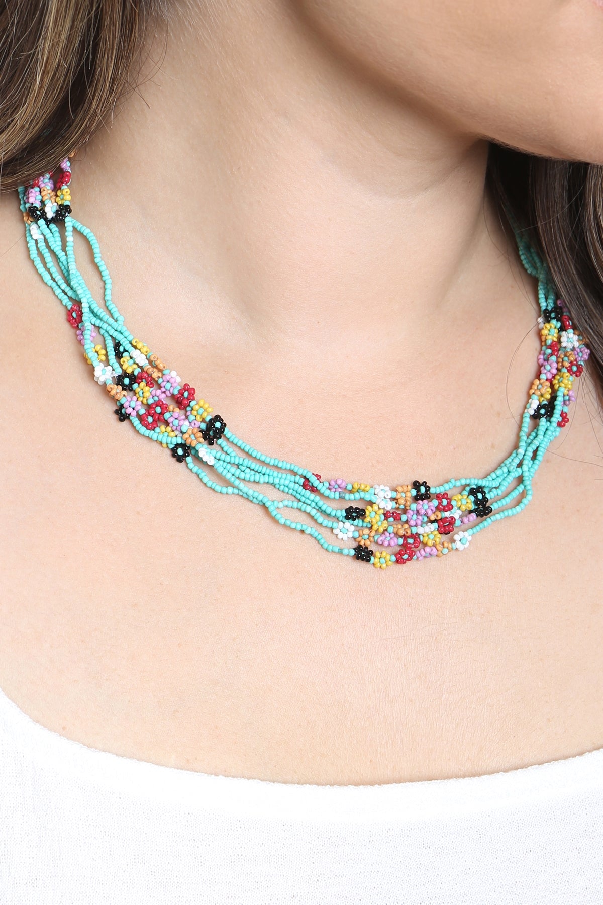 SEED BEADS MULTI LAYERED FLOWER STATIONARY NECKLACE
