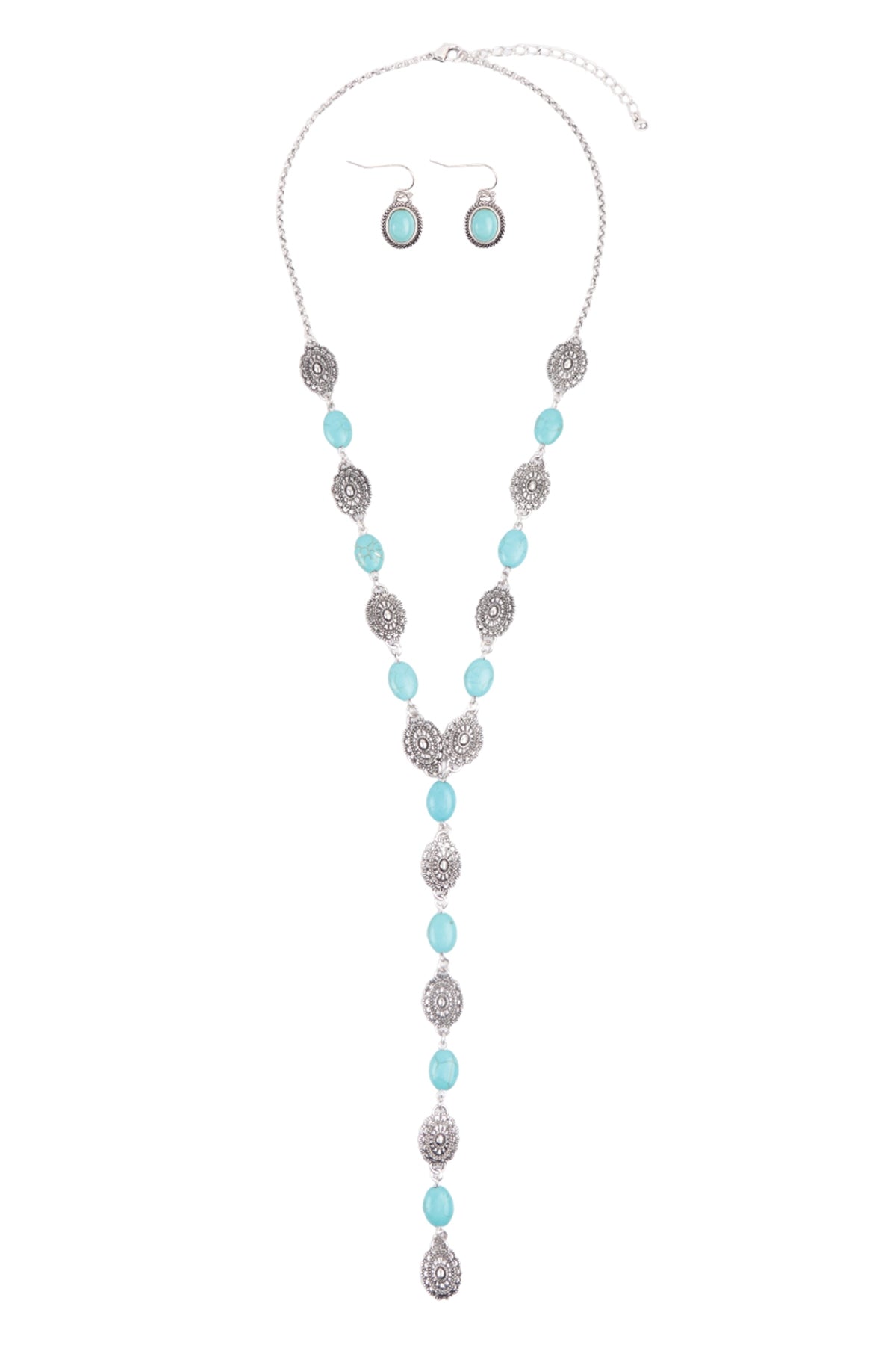 WESTERN CONCHO SEMI STONE LARIAT Y NECKLACE AND EARRING SET