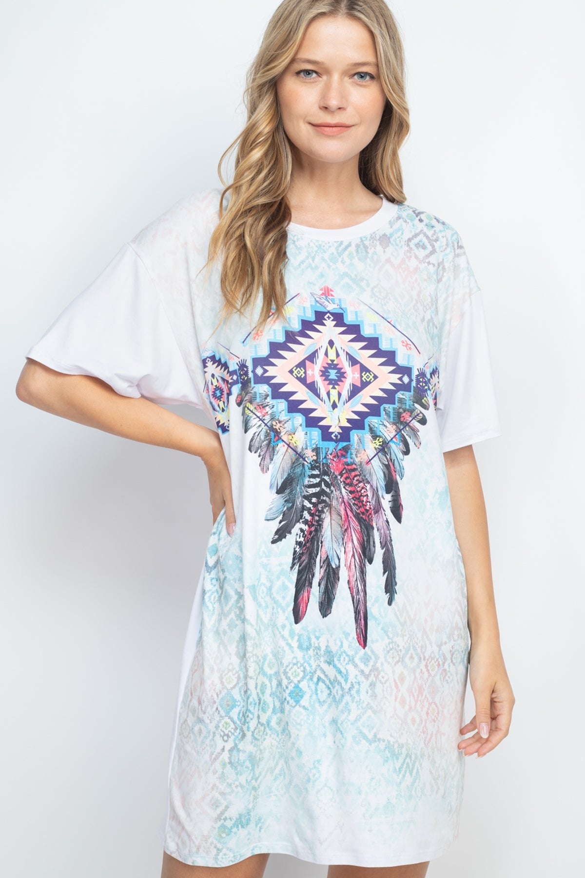 WHITE FEATHER PRINT DRESS  (NOW $3.50 ONLY!)