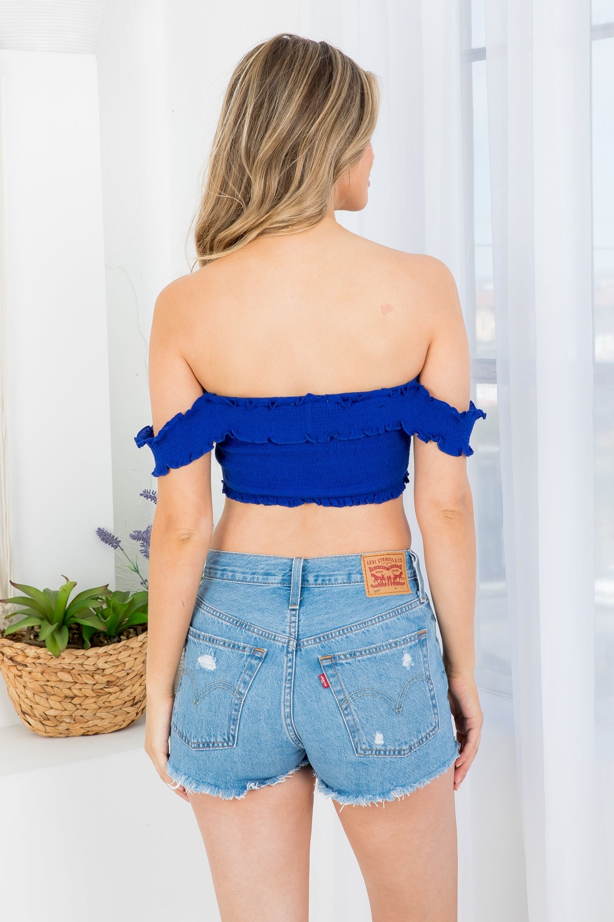 ROYAL FRONT TIE DETAIL RUCHED BRALLETE WITH ATTACHED SLEEVE CROP TOP