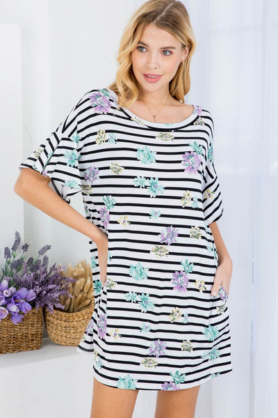 WHITE BLACK STRIPES FLORAL PRINT SCOOPED NECKLINE WITH SIDE POCKET DRESS (NOW $3.25 ONLY!)