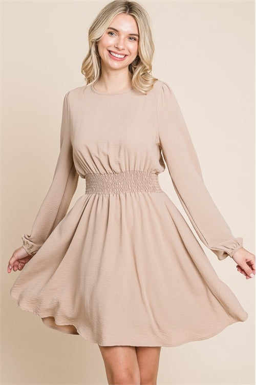TAN LONG SLEEVE ROUND NECK SMOCK WAIST DRESS 1-2-2-1 – MYS Wholesale