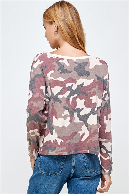MAUVE CAMO KEYHOLE DETAIL SLEEVE TOP 2-2-2 (NOW $3.75 ONLY!)