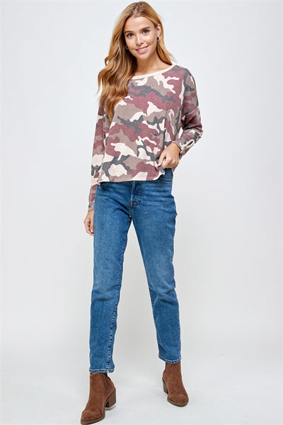 MAUVE CAMO KEYHOLE DETAIL SLEEVE TOP 2-2-2 (NOW $3.75 ONLY!)