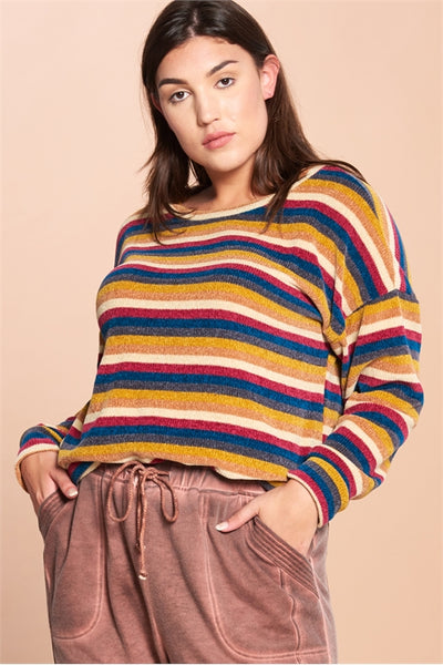 T63189X-BURGUNDY PLUS SIZE MULTI STRIPE KNITTED TOP-2-2-2 (NOW $3.00 ONLY!)