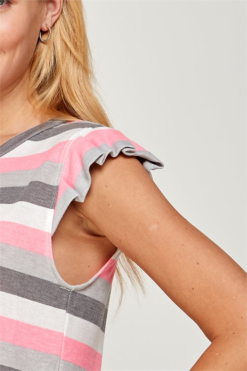 PINK/CHARCOAL MULTI STRIPE RUFFLE CAP SLEEVE TOP-2-2-2 (NOW $4.00 ONLY!)