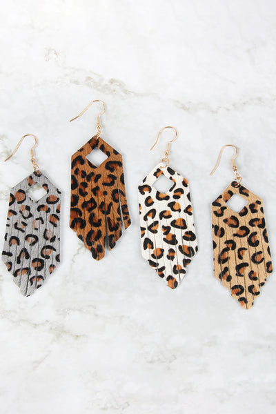 FRINGE HEXAGON LEOPARD LEATHER HOOK EARRINGS/6PAIRS (NOW $1.50 ONLY!)