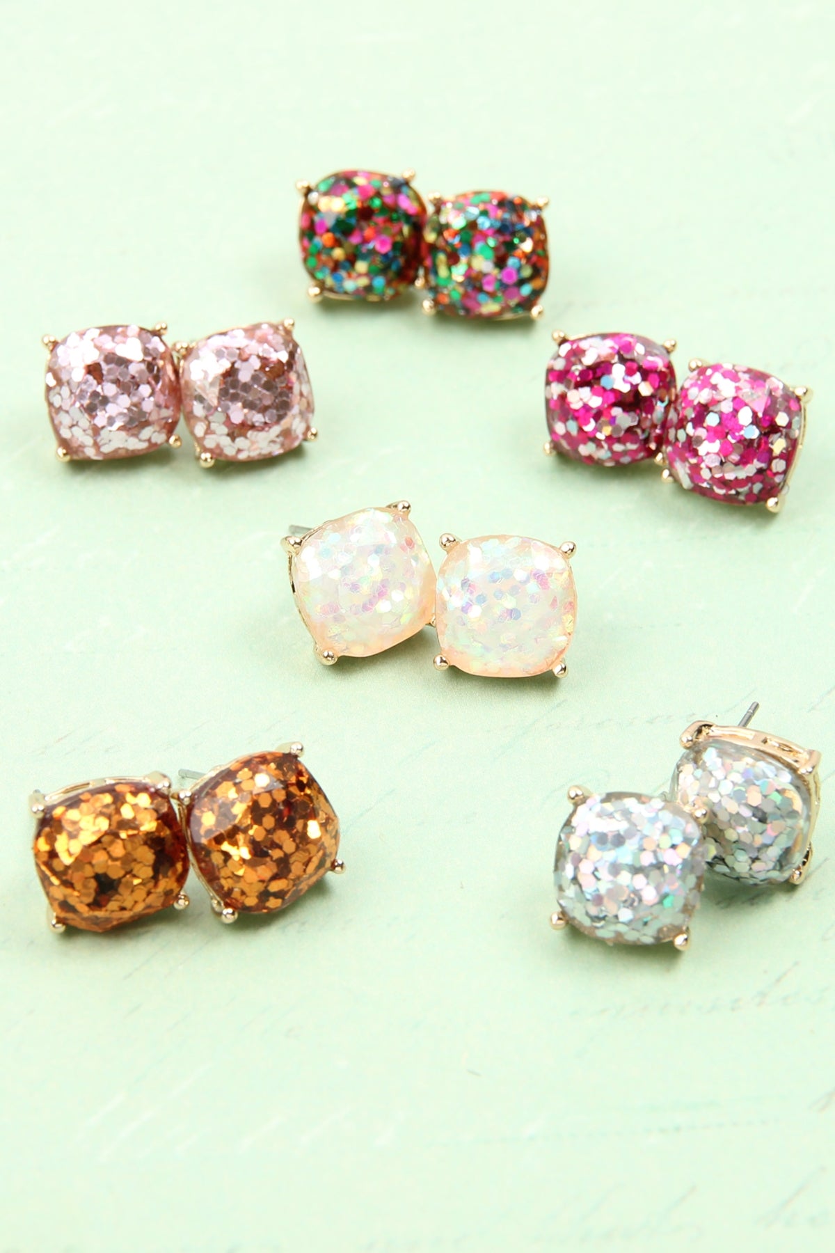 FACETED CUSHION GLITTER ACRYLIC POST EARRINGS /6PAIRS