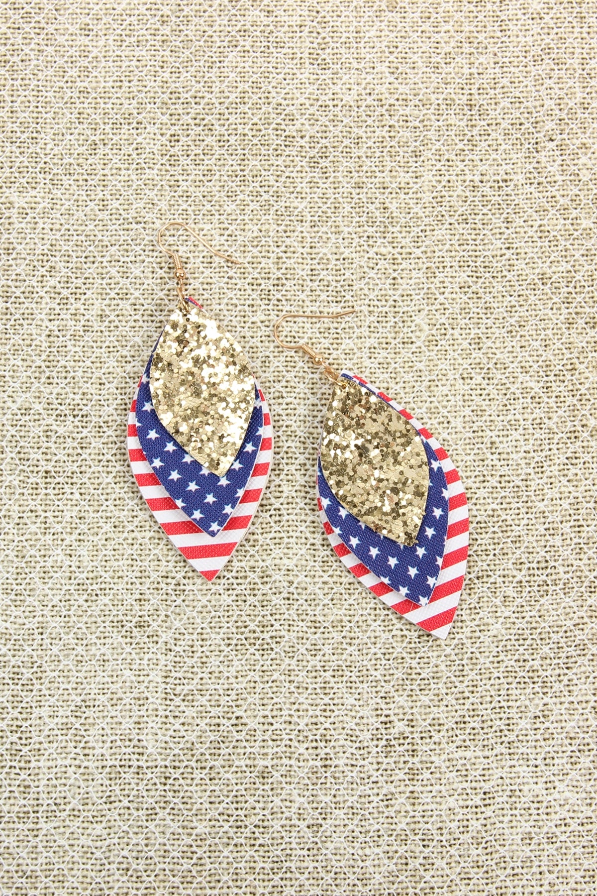 USA FLAG WITH SEQUIN MARQUISE LAYERED LEATHER DROP EARRINGS/6PAIRS